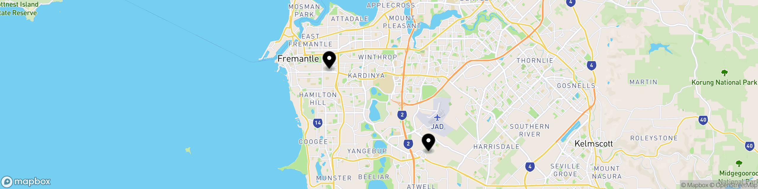 A birds-eye view map of Perth, with a marker for both our O'Connor and Jandakot location.